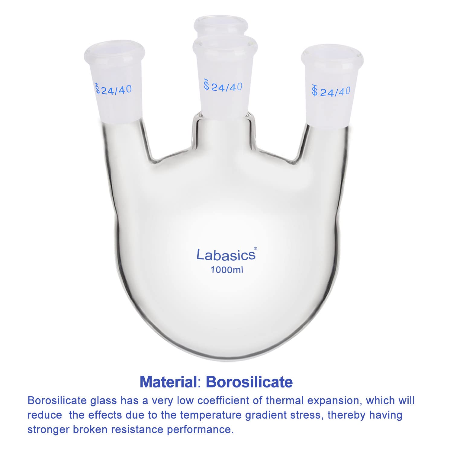 Labasics Rundkolben mit 4 Aufrechten Hälsen, Schwerwandiges Borosilikatglas-Rundkolben mit 24/40 Standard-Schliffhülse, für Den Laborgebrauch, 1000 ml