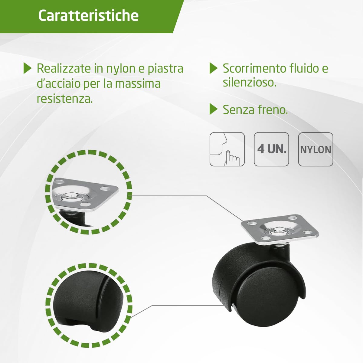 Amig - Set di 4 Ruote per Mobili - 60 mm - Portata Massima per Ruota 50 kg - Piastra in Acciaio - Realizzate in Nylon - Senza Freno - Ideali per Sedie da Ufficio o Tavoli Bassi