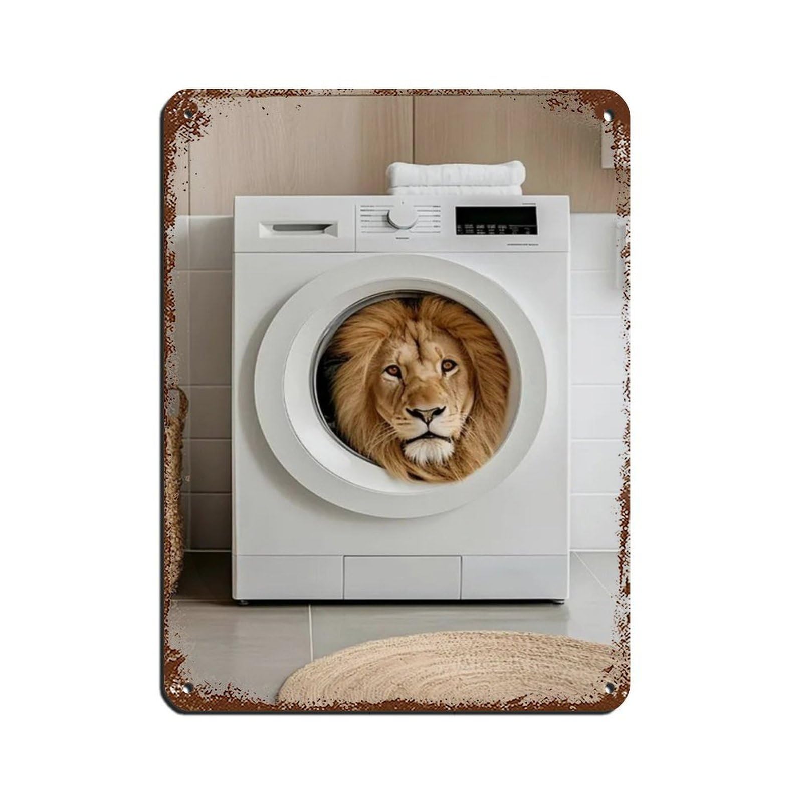 Lion in A Washing Machine, Funny Bathroom Art Retro Poster Metal Tin Sign Chic Art Retro Iron Painting Bar People Cave Cafe Family Garage Poster Wall Decoration 12x16inch(30x40cm)