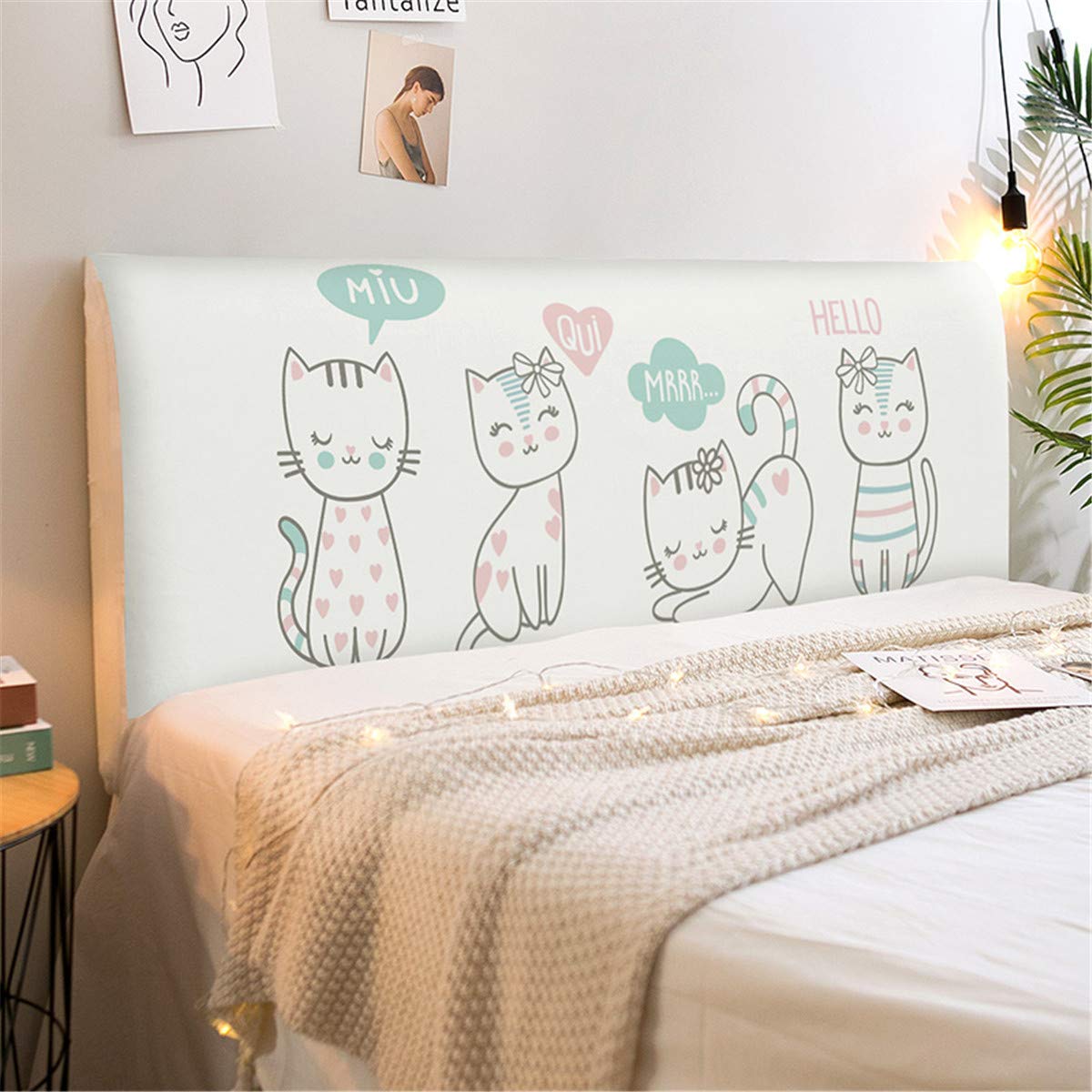 Fansu Elástica Funda para Cabecero de Cama, Cubierta para Cabecero de Cama a Prueba de Polvo, Protectora de Cabeceros de Cama Todo Incluido para Decoración (Gato Blanco,150cm)