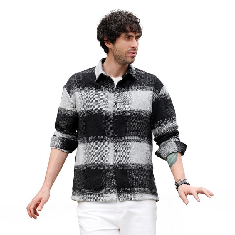Image of CAHOOT MenShirt | Spread Collar, Long Single-Button Cuff Sleeves | Button, Straight Hem | Plaid Twill | Woven Fabric for Casual Coin Grey:Midnight Black