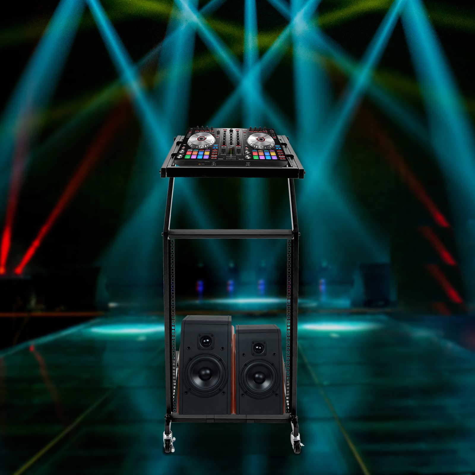 16U Professional DJ Mixer Stand Rack with Wheels, Professional Studio Rack with Adjustable Angle & Height, Rolling Rack Mount Stage Holder Cart for Office Home Stage or Music Studio