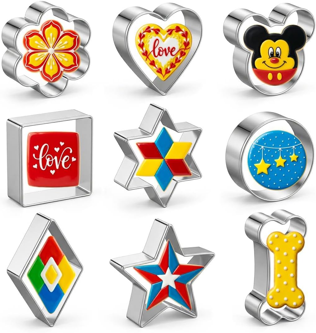Metal Cookie Cutters Set 9Pcs – Stainless Steel Cookie Cutters includes Heart, Flower, Mouse, Round, Star, Square, Dog Bone Shapes for Baking or Party Decorations