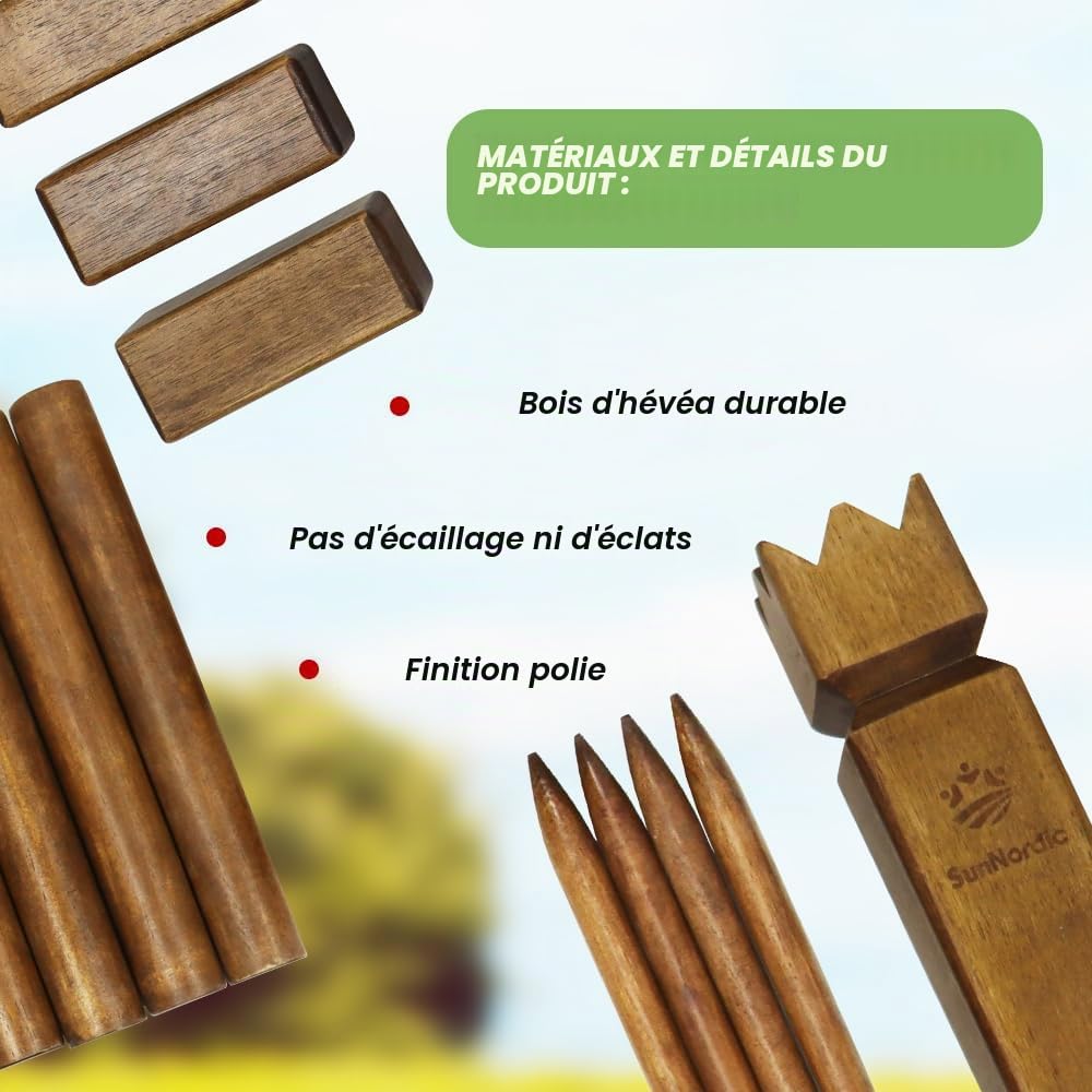 SunNordic Kubb Jeu d'échecs Viking - Jeu d'échecs suédois en bois d'hévéa de qualité supérieure - Avec sac de transport en toile et instructions de jeu - Robuste - Pour enfants et adultes