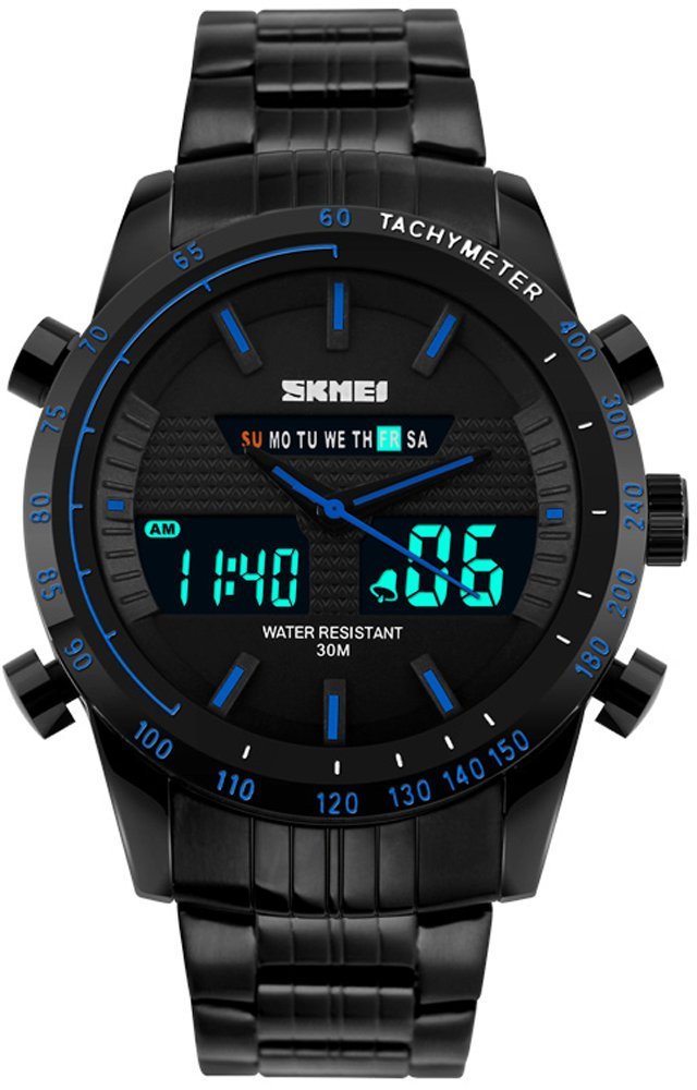 Men's Multifunction Stainless Steel Chrono Alarm Dual-time LED Waterproof Sport Quartz Watch SK1131 Blue