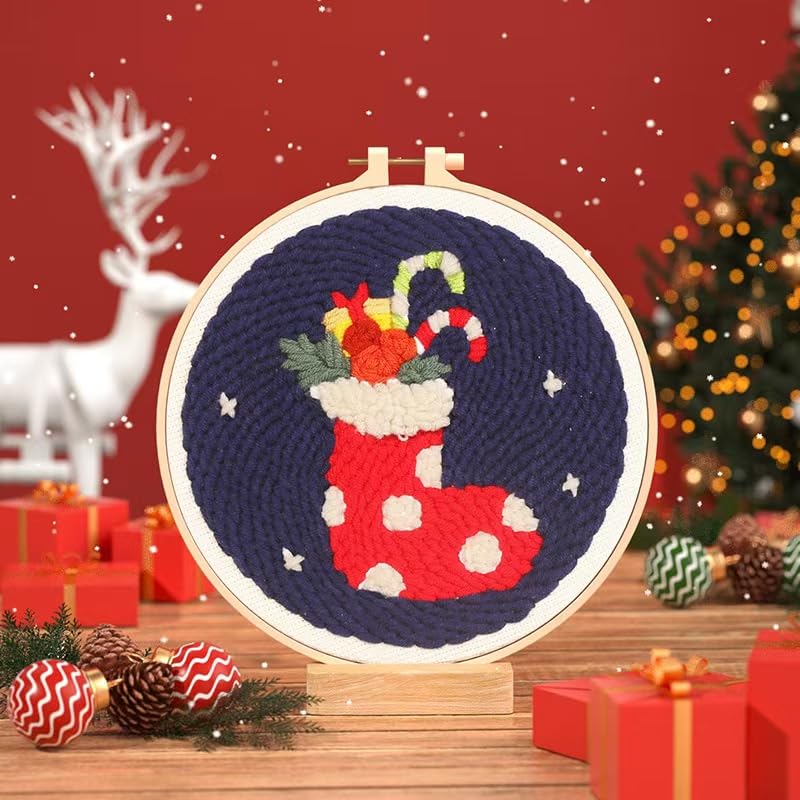 Image of Howie's Punch Needle Kit for Beginner, Cartoon Christmas Rug Hooking Embroidery Kits with Christmas Pattern, Yarns, Tools and Instructions, Creative Craft Home Decor(Christmas Stocking, 8 inch diameters)