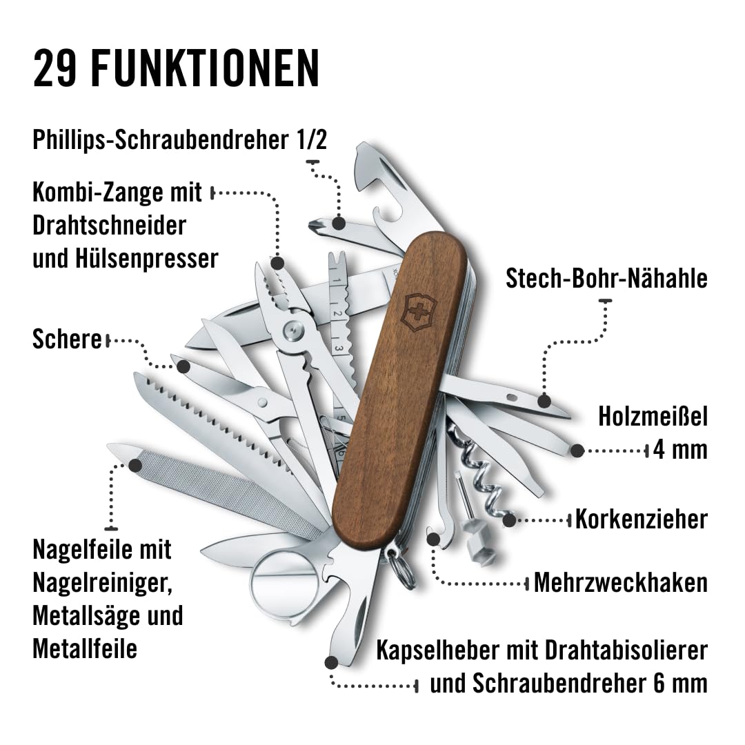 Victorinox Holz Taschenmesser Swiss Champ Wood (29 Funktionen, Nussbaumholz, Holzsäge, Schere)