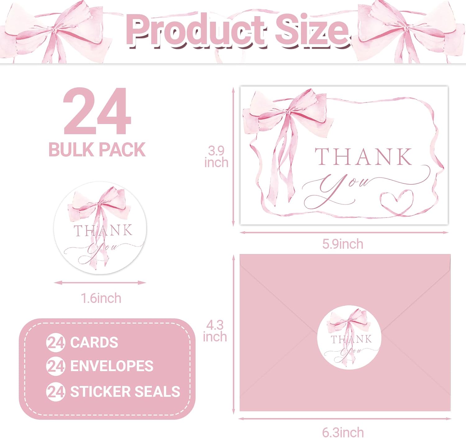 24 Pack Pink Bow Thank You Cards, Bowknot Bridal Shower Greeting Card with Envelopes and Stickers for Birthday Wedding Baby Shower Party Supplies - Image 2