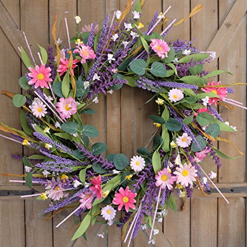 Cir Oases 22Inch Artificial Spring Wreath Lavender With Colorful Flowers,Green Leaves For Front Door Home Wall Party Decor #TOP1