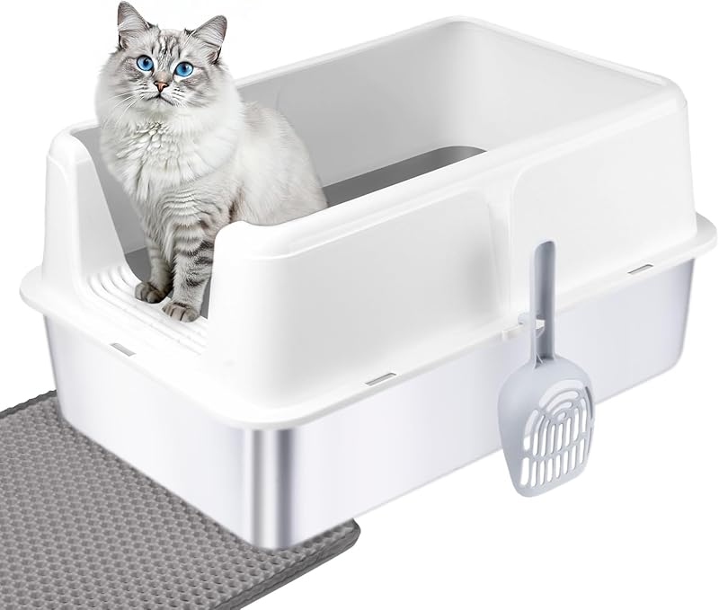 Caixa de Areia para Gatos em Aço Inoxidável com Tampa, XL, 60,96 x 40,64 x 30,48 cm, com Pá e Tapete, Generic, Branca