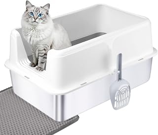 Stainless Steel Cat Litter Box with Lid – XL High-Sided Metal Litter Pan for Big Cats & Maine Coons – Enclosed, Anti-Urine Leak, Non-Stick, Odor & Rust Resistant, Easy Clean with Scoop & Mat, White