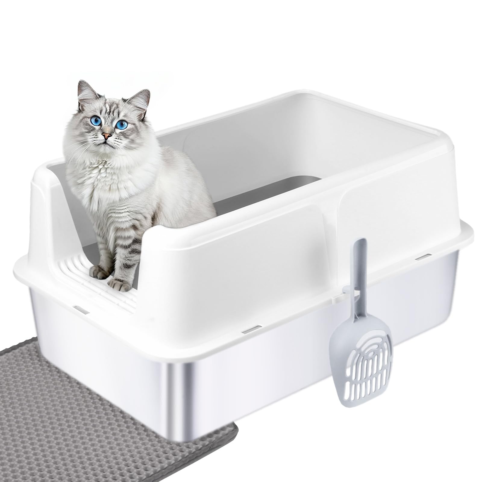 Cat Litter Box – Open Top Stainless Steel Large Litter Pan for Big Cats – High Sided Non-Stick Anti-Leakage – Easy to Clean with Scoop & Litter Mat (White)