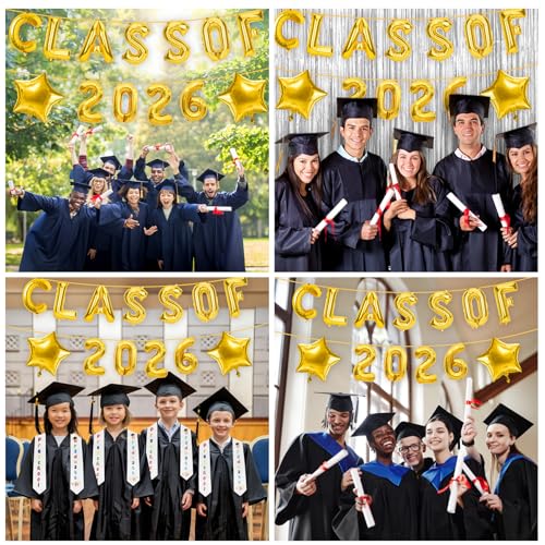 Image of Graduation Balloons, Class of 2026 Balloons, 16Inch Gold Grad Class of 2026 Letters Foil Balloon Sign with Star Balloons, Class of 2026 Decorations for High School College Graduation Party Decorations