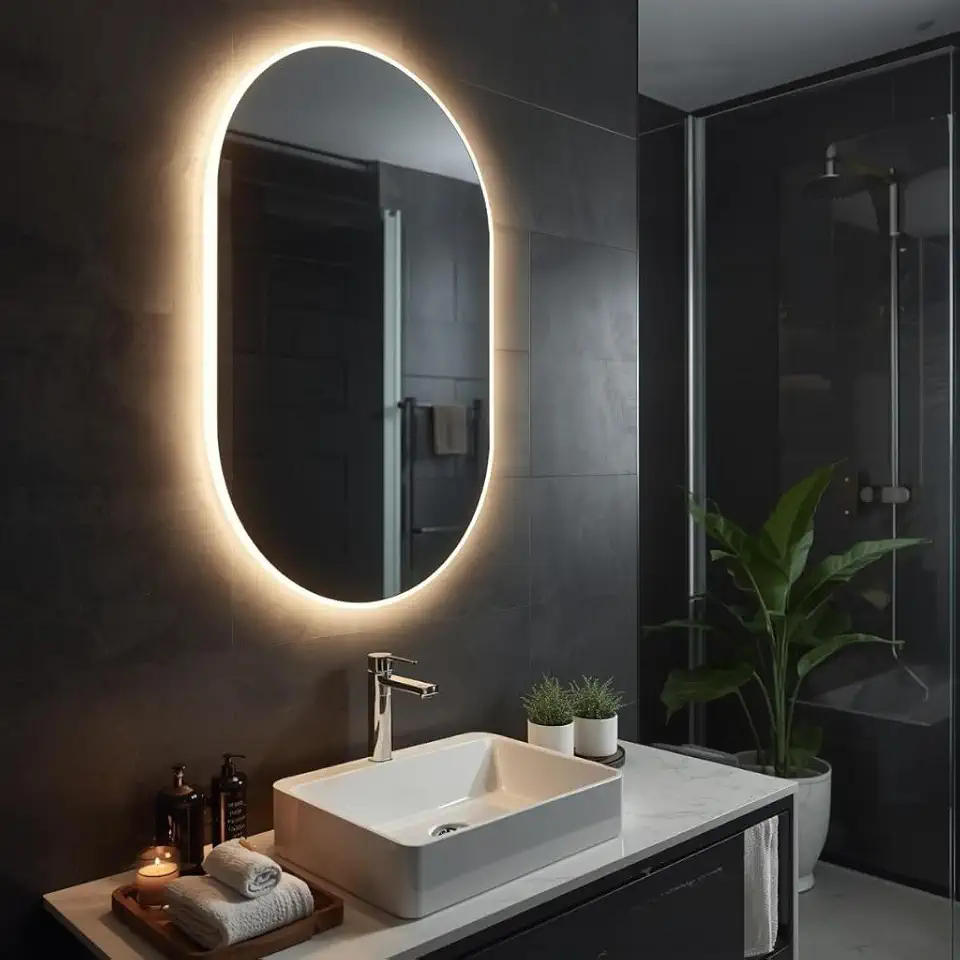 Espelho Oval com LED Bivolt Iluminado - Espelho de Maquiagem Grande Moderno, Espelho para Penteadeira e Banheiro Doméstico (Com LED Quente,60x40)