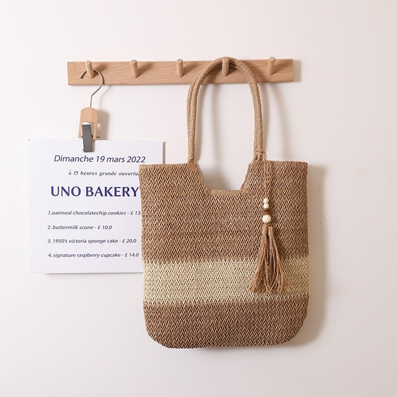 Womens Straw Beach Bag Woven Shoulder Bags with Tassels Rope Top Handle Purse Tote Shoulder Handbag for Summer Brown2