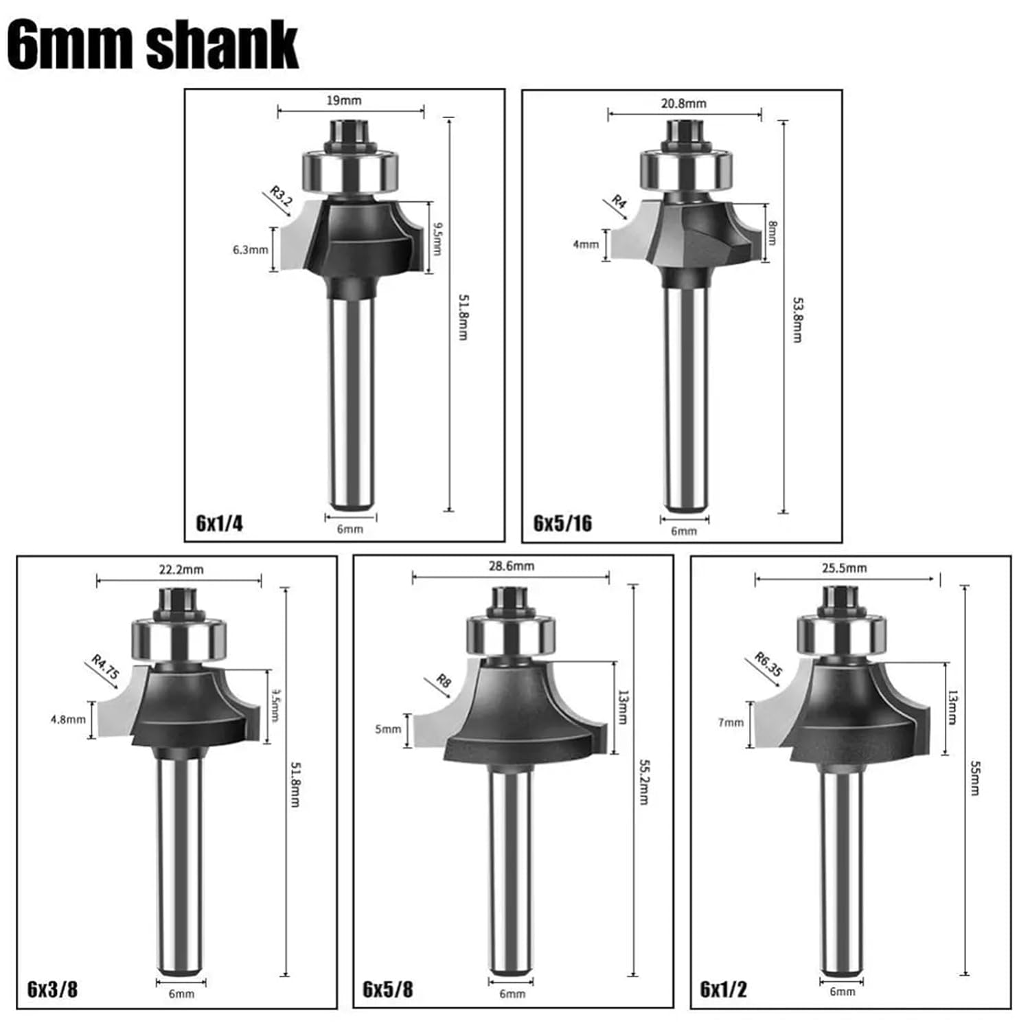 6mm 6.35mm Shank Corner Round Over Router Bit Wood Carving Milling Cutter Slotting Cutter Woodworking Tools 1Pcs(6x5-8)
