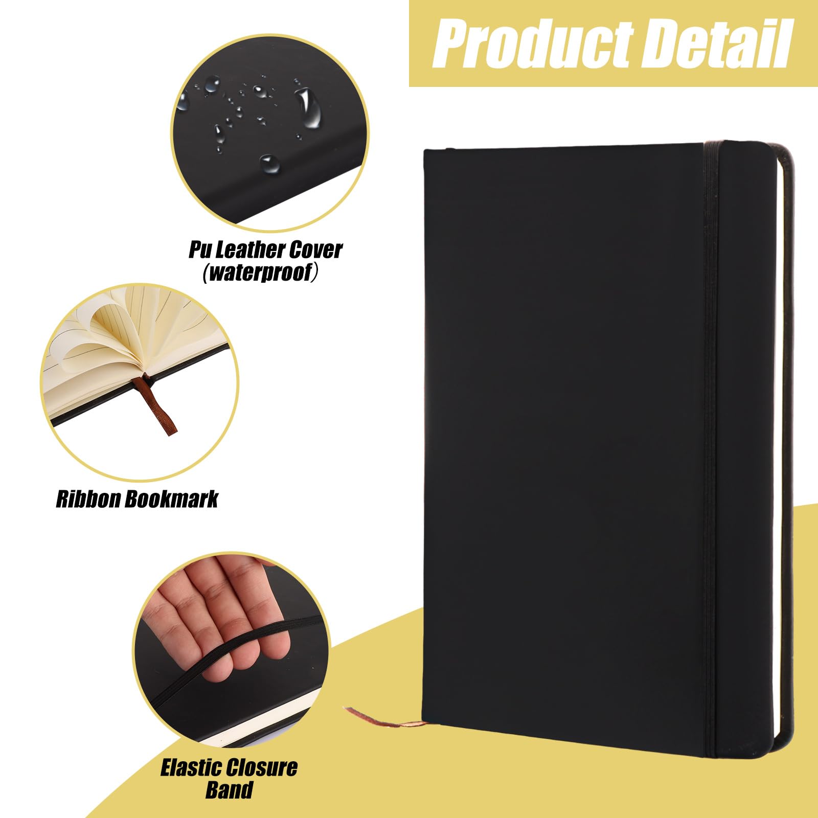 LOPYXBR 6PCS Black A5 Notebook PU Leather Note Book A5 Lined 200 Pages Writing Books Notepads A 5 with Elastic Strap Hardback Work Notebook for Office Business Writing - Image 3
