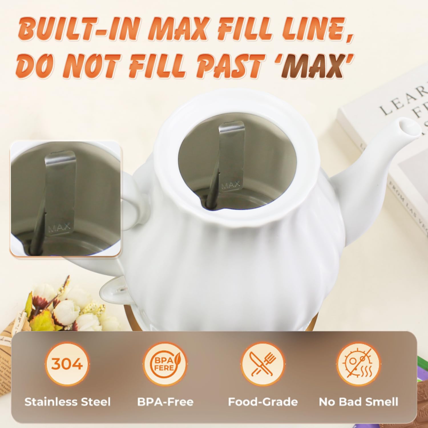 Ceramic Electric Kettle, 1.5 Liters/1200W Electric Tea Kettle, Heats Water Quickly, Automatic Shut - off, Boil - Dry Protection, Free Of BPA, Matte White