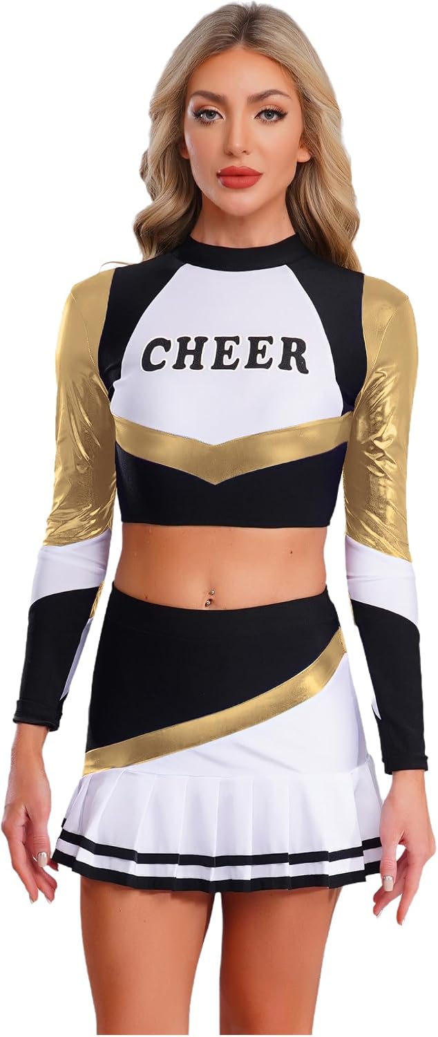 ACSUSS Womens Cheerleading Uniform Shiny Long Sleeve Crop Top and Pleated Miniskirt for Halloween