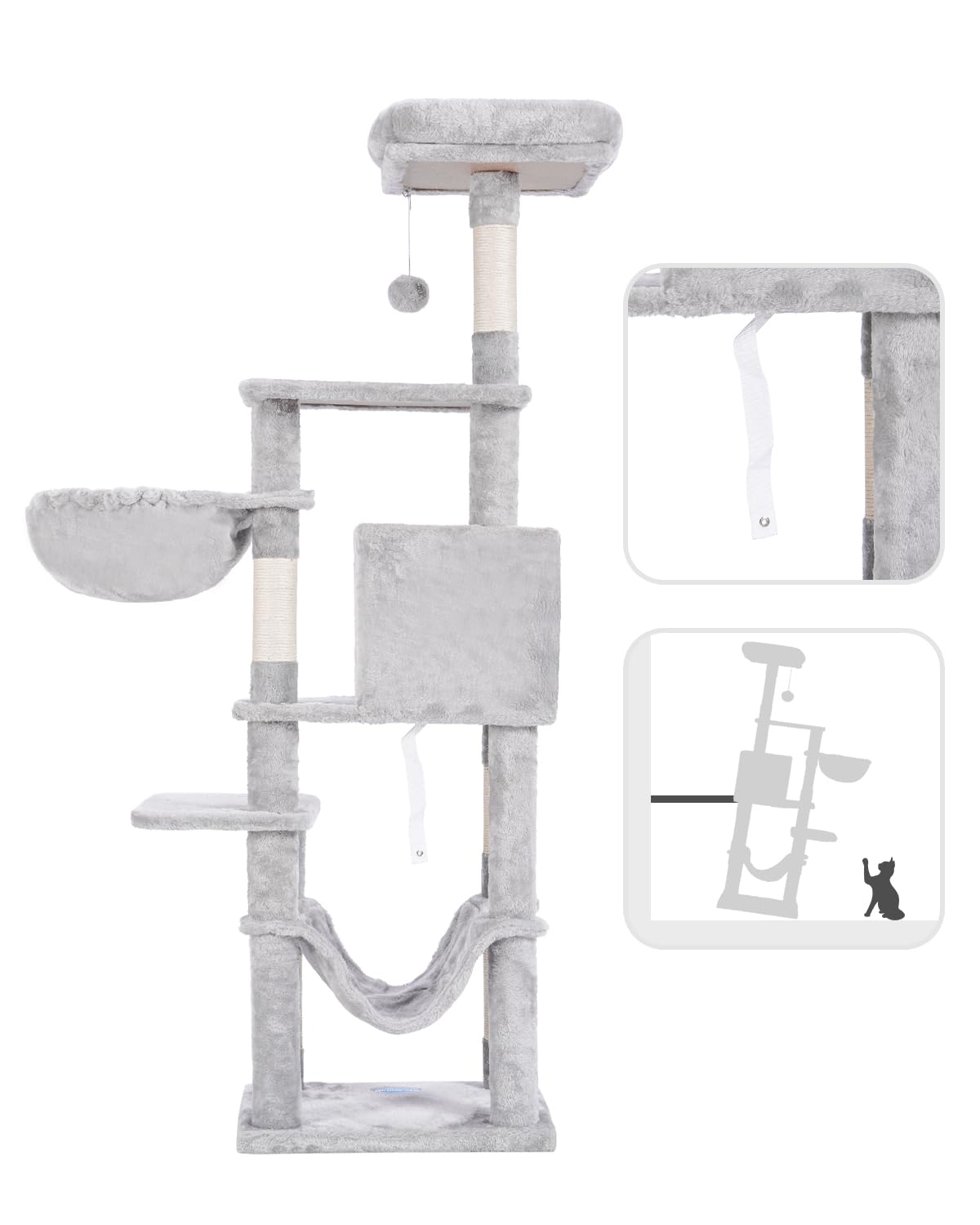 Hey-brother Tiragraffi per Gatti,Albero per Gatti Alto 154 cm,Torre per gatti stabile e a più livelli, Dotato di una Caverna per Gatti, Cesto, amaca e Piattaforma superiore, grigio chiaro 0EMPJ050W