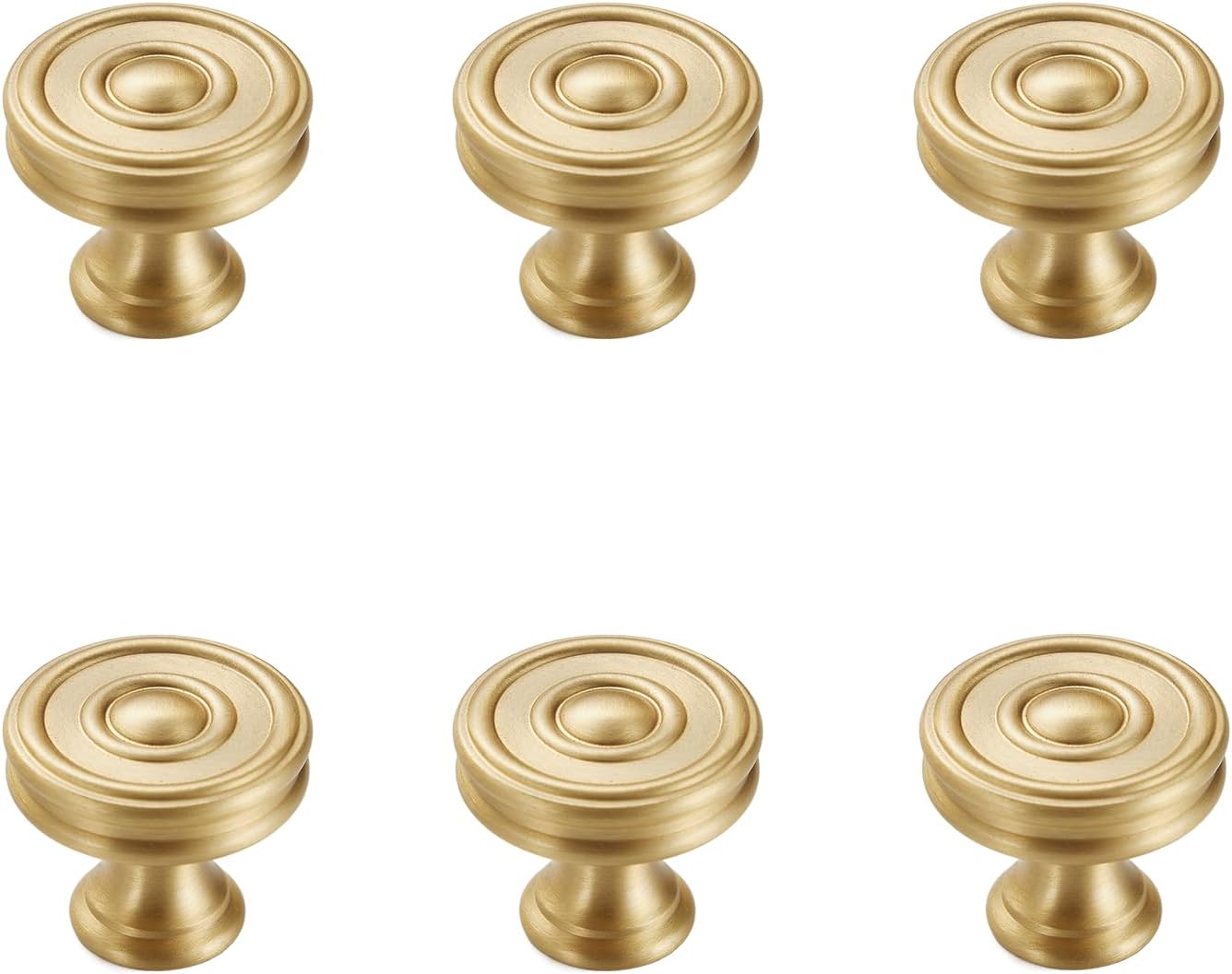 Urnew- 6 Pack Solid Brass Cabinet Drawer Knobs, Brushed Matt Gold Dresser Pulls, 1-1/4 Inch Round Knobs for Bathroom Cabinet, Kitchen Cupboard, Wardrobe and Closet