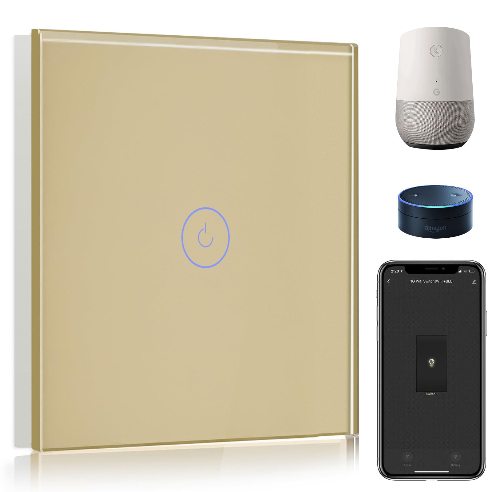 BSEED Smart Light Switch,Compatible with Alexa and Google Home,1 Gang 1 Way WiFi Touch Switch,2 Way or Multi-Way Control by SmartLife APP,Gold Alexa Switch with LED Indicator Light-Neutral Wire Need — image 1