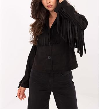 xzbailisha Women's Faux Suede Leather Tassel Jackets Button Cropped Fringe Coats 2025 Fall Western Outfit