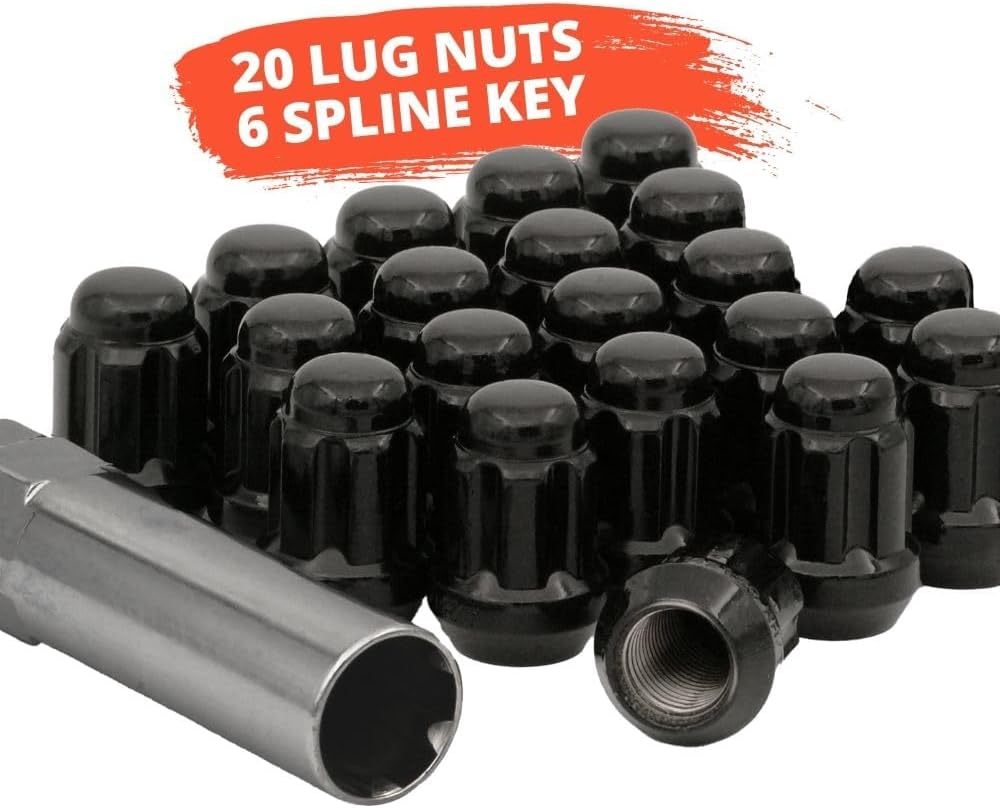 1/2" Bulge Acorn Spline Lug Nuts 1.38" 5 Lug Install Kit in Sleek Black Finish | Includes 20 Spline Lug Nuts with Key | 6 Spline Lug Nuts | Compatiable with Many Vehicles