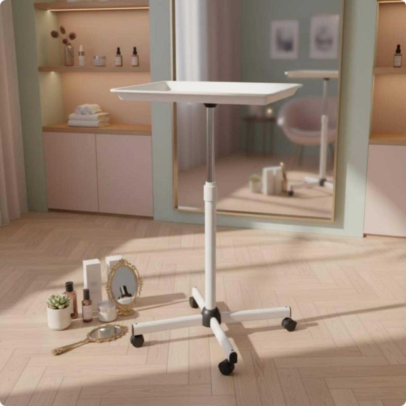 Chariot Plateau de Salon Réglable Support Matériel Coiffure Plateau Mobile Dessert Roulant Table à roulettes Poteau Ajustable pour Coiffeurs Barbiers, Blanc, Support Simple Couche