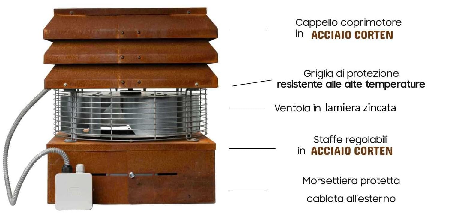 Gemi Elettronica Aspirador de chimenea eléctrico de acero corten con 6 velocidades para chimeneas, estufas y barbacoas, Corten