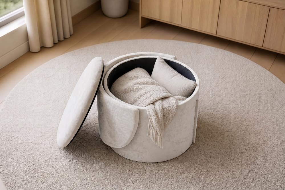 Sessel LUNA - 65cm - beige - Bouclé-Stoff klappbare Rückenlehne | Montiert geliefert, Schaumstoffpolsterung, hoher Komfort, Stauraum, Design, bequeme Polsterung, Eyecatcher