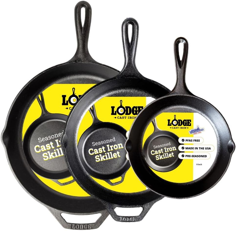 Pre-Seasoned Cast Iron Skillet Set - 3 Piece, Includes 8 Inch, 10.25 Inch and 12 Inch Skillets