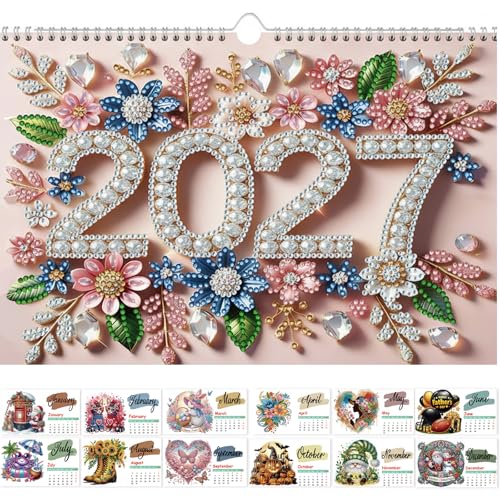 DIY Diamond Art Painting 2027 Wall Calendar Creative Design Horizontal Single-Sided Paper For Office Home Interior Decoration-Flowers