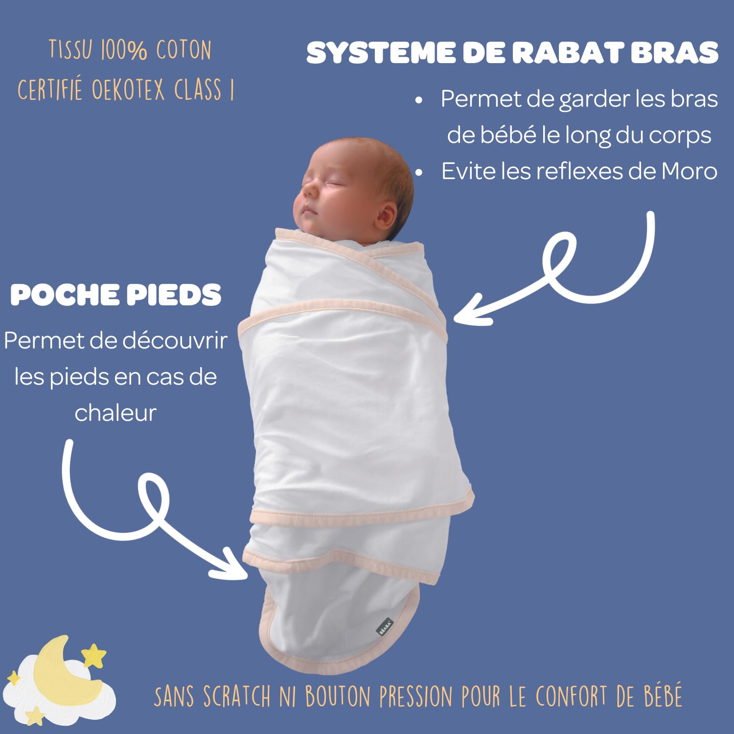 Béaba/RED CASTLE, Couverture bébé/naissance/d'Emmaillotage, 100% coton, Apaise bébé, Possibilité Gigoteuse d'emmaillotage, Miracle, 0-3 mois, Blanc et Beige