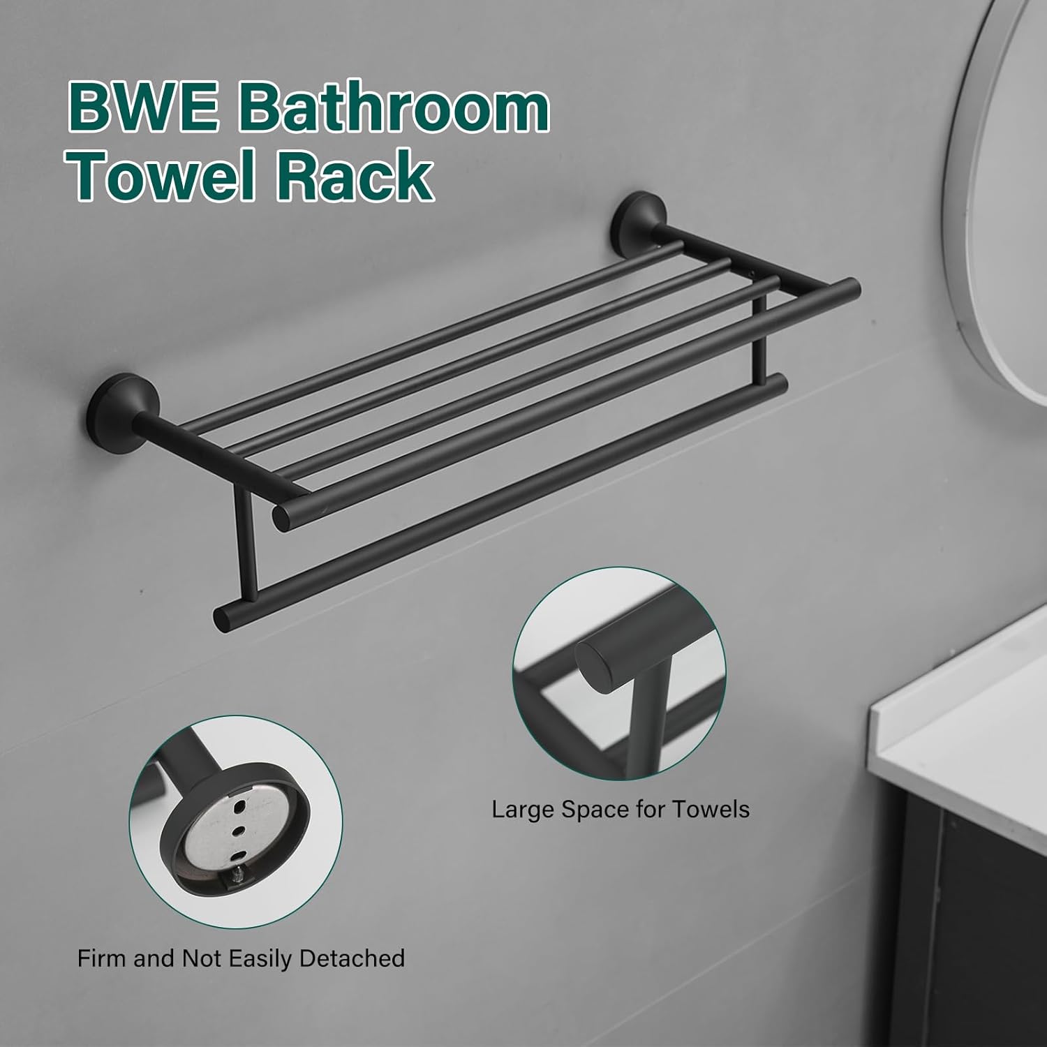 BWE 24 Inch Bathroom Towel Rack,Wall Mounted Towel Racks for Bathroom,with Single Towel Bar SUS 304 Stainless Steel Towel Holder for Bathroom Lavatory Matte Black