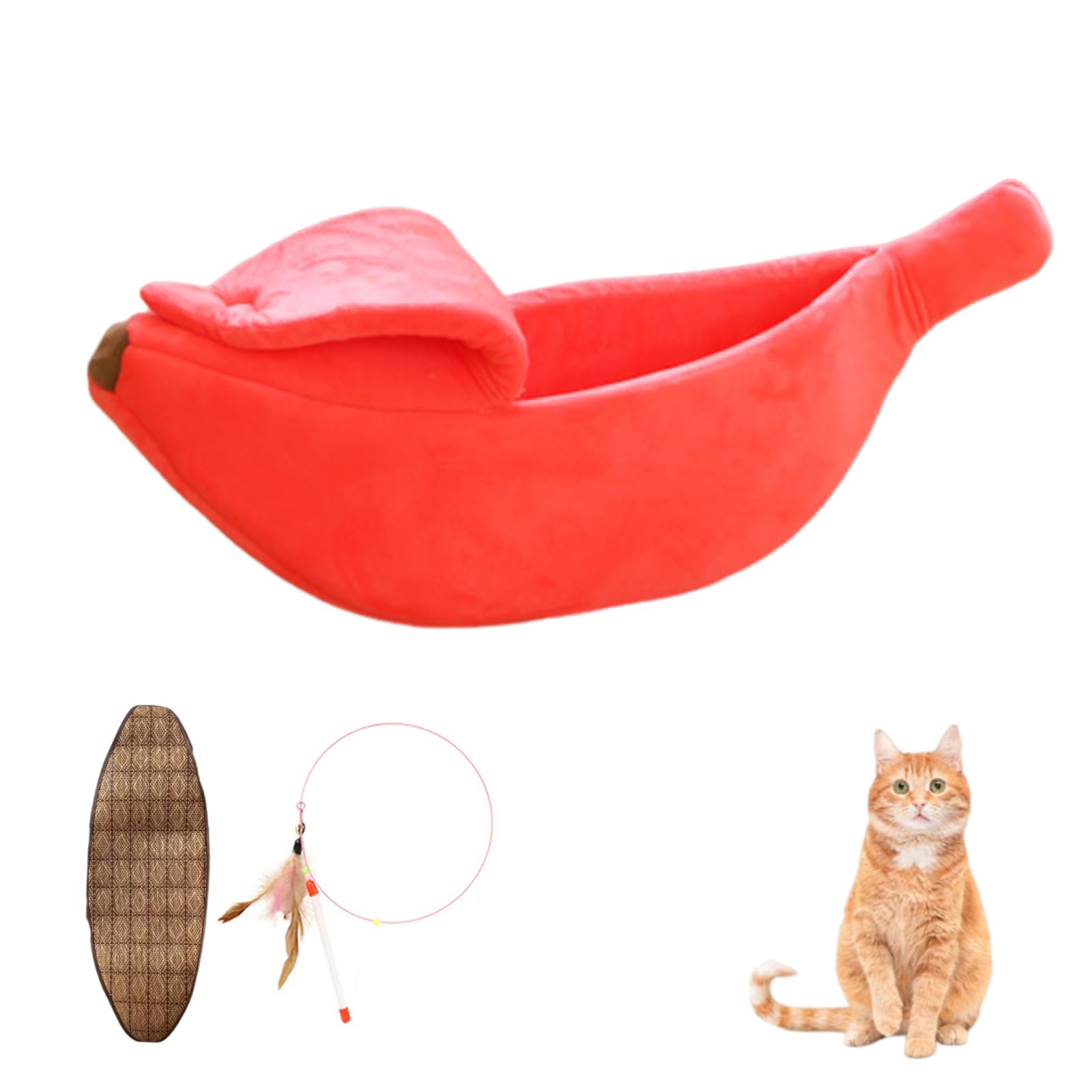 Banana Bed for Cats, Creative Banana Shape Pet Bed, Cute Breathable Cozy Warming Pet Sofa Bed for Cats Small Dogs Universal in All Seasons (Red+Cooling Mat, 55 * 20 * 15cm)