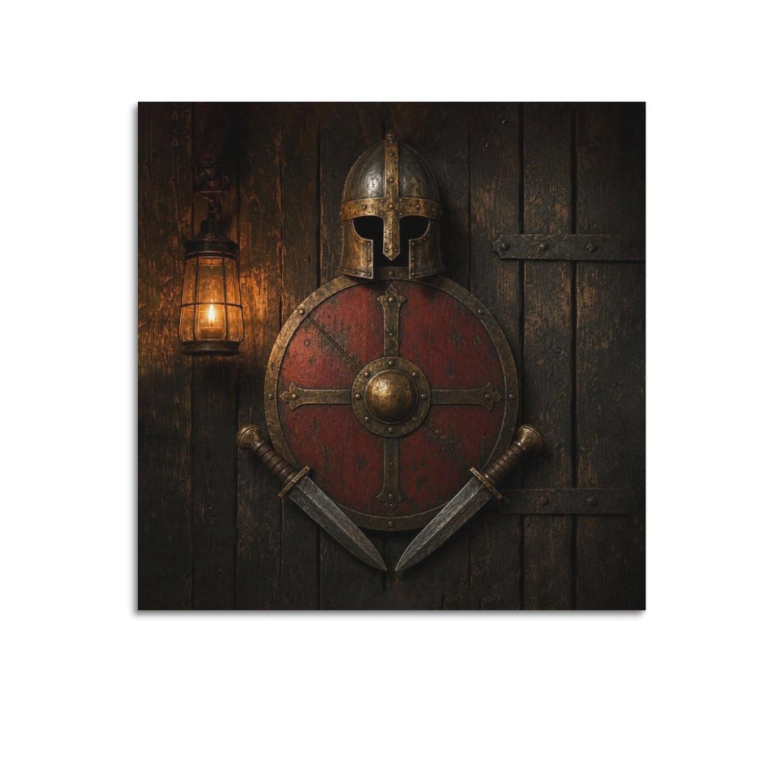 XKUGA Dark Wood Tavern Shield Medieval Knight Poster Relic Armor Modern Decorative Canvas Prints - Ideal Wall Art for Family, Man Cave, Game Room, Boys & Girls Bedroom 12x12inch(30x30cm)