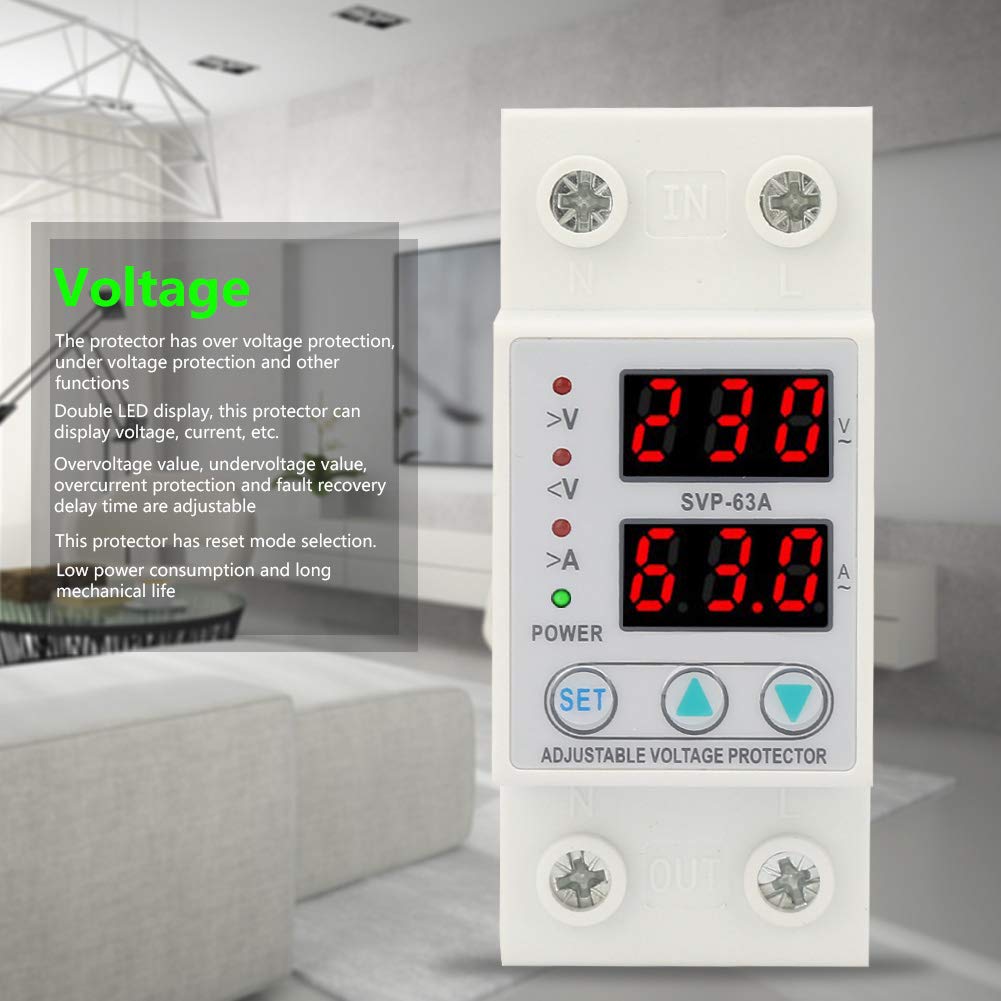 Protezione Sovracorrente, Protezione Corrente di Tensione AC230V 63A, Protezione Sovratensione Monofase, 230V-300V Regolabile, Installazione su Guida DIN