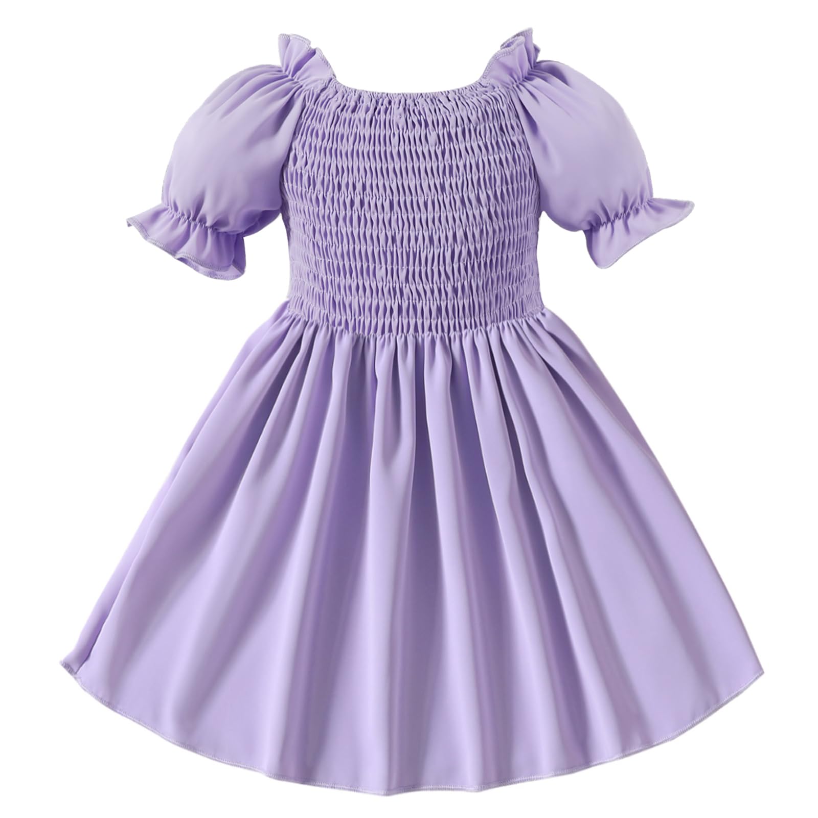 Neutocd Toddler Baby Girl Dress Ruffle Short Sleeve Elastic Solid Square Neck Flared Plain Casual Summer Dresses for Girls