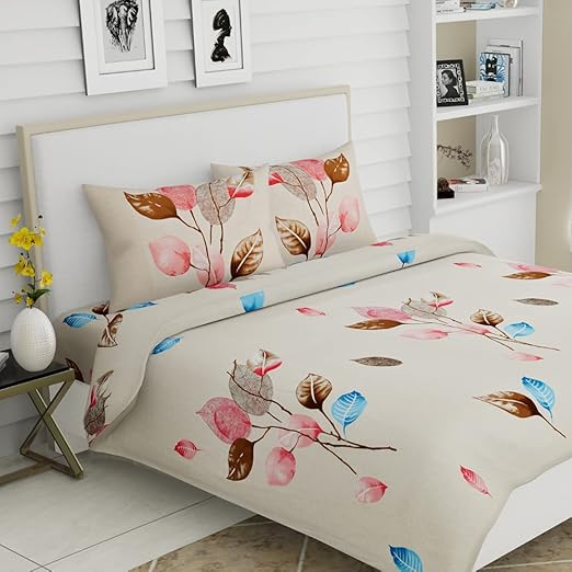 haus & kinder 100% Cotton Bed Sheet For King Size Bed, 1 King Size Cotton (108 X 108 Inches) With 2 Pillow Covers | 186 Tc Bedsheet For Double Bed King Size Tropical Leaves Eleganza (White Pink)