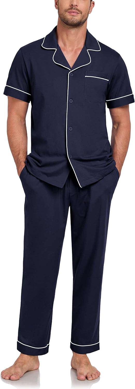 CF Men's 100% Cotton Pajama Sets Button Down Pj Sets Short Sleeve Top & Long Pants Loungewear Lightweight with pockets