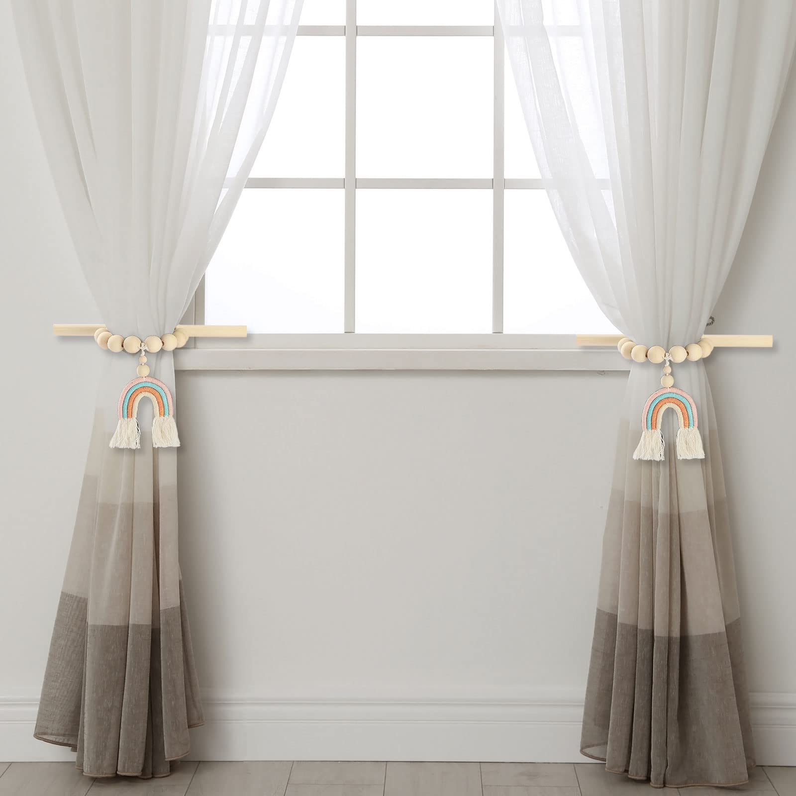 2 Embrasses De Rideaux Arc-en-ciel Magnétiques Avec Perles En Bois - Style Bohème, Pour Chambre D'enfant Ou Salon