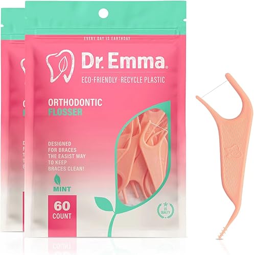 Dr. Emma Hilos Dentales de Ortodoncia para Brackets, Palillos de Hilo Dental Ortho, Sabor a Menta 60 UnidadesBolsa (Rosa, Paquete de 2)