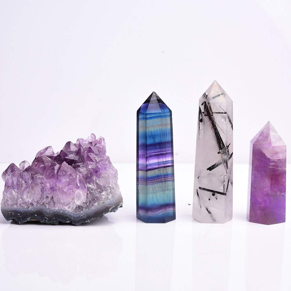 Runyangshi Natural Healing Crystals Gift Kit Set of 4, Including Amethyst Cluster, Black Quartz Rutilated/Rainbow Fluorite/Amethyst Crystal Wands Points Tower