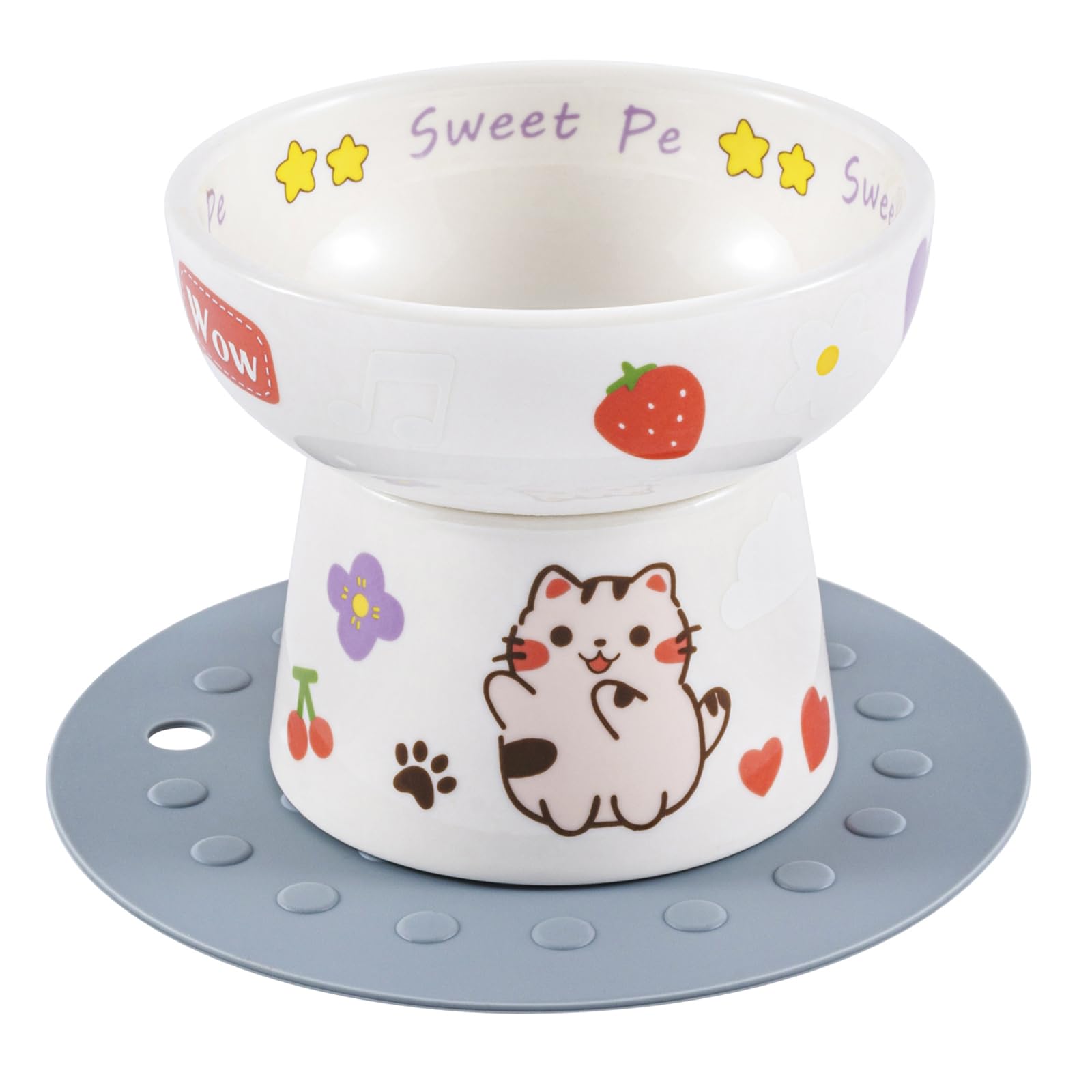 4.8 inch Ceramic elevated cat bowl with anti slip pad cat food container dish raised cat patternbowls with stand candy color cute (White)