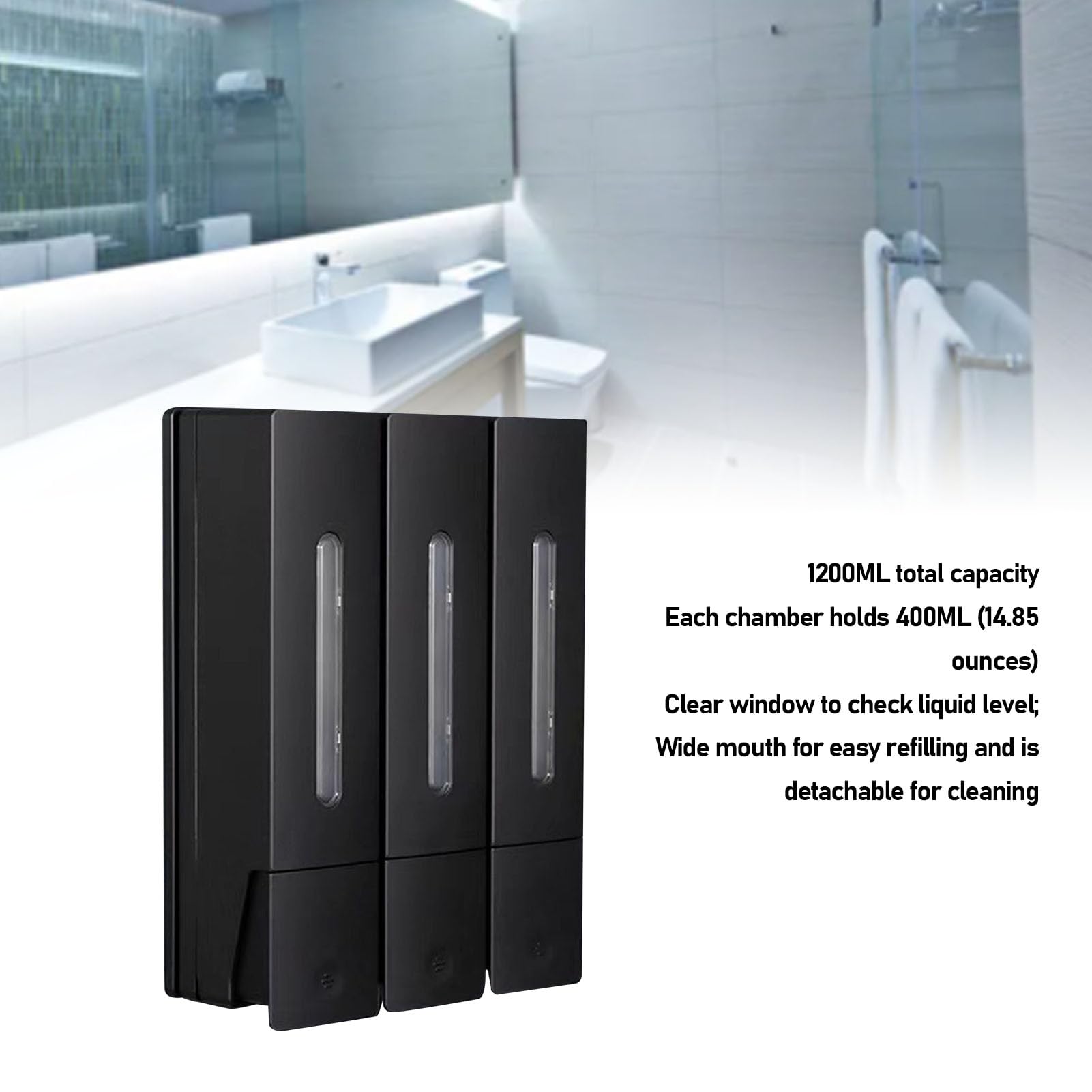 Srliya Dispenser per Balsamo Shampoo a Parete Dispenser di Sapone per Doccia a 3 Camere da 1200 Ml per Hotel Bathroorm (Nera)