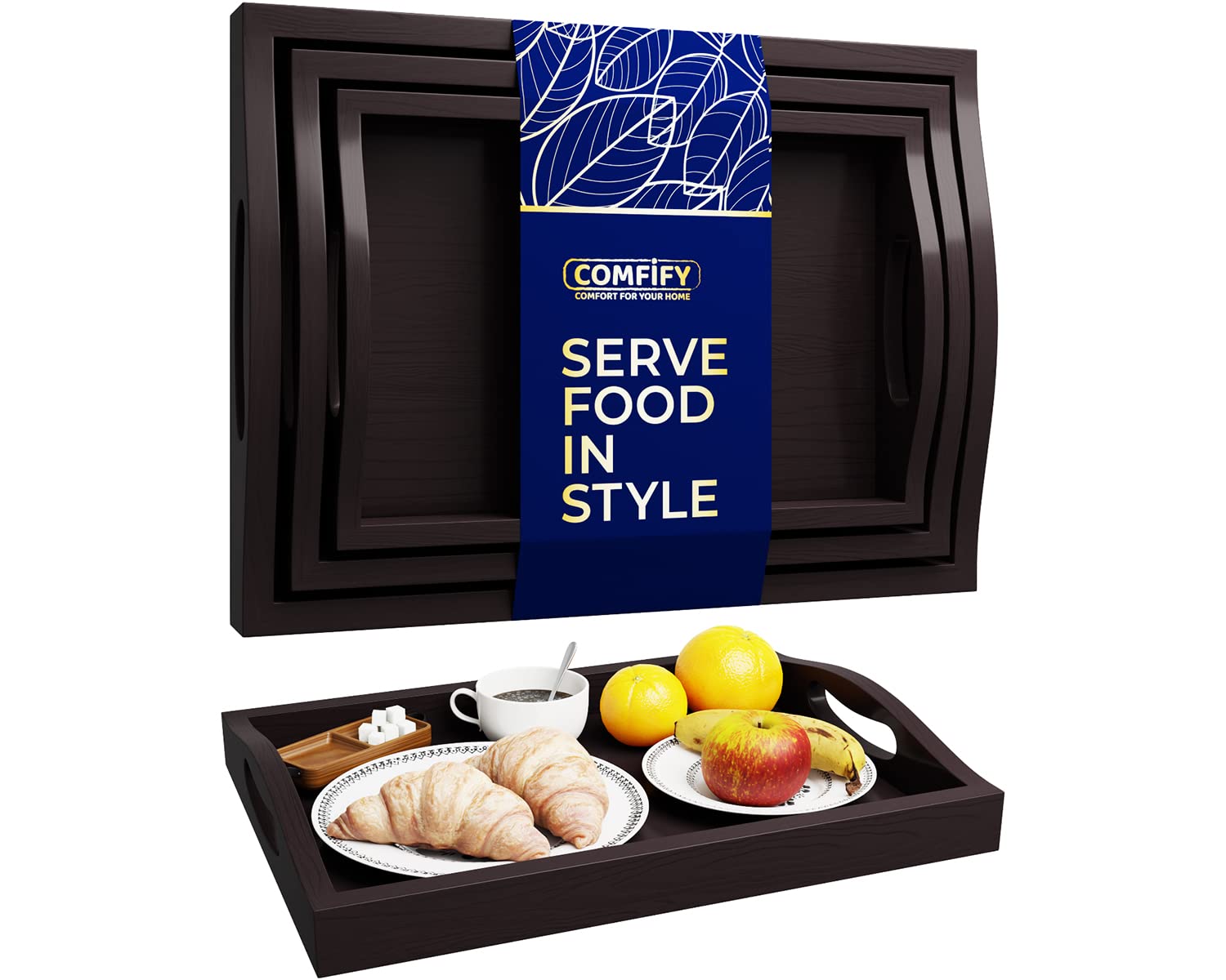 Serving Trays Set of 3 - Ottoman Wood Trays for Entertainment, Food and Décor - Solid Dark Brown Wood Finish