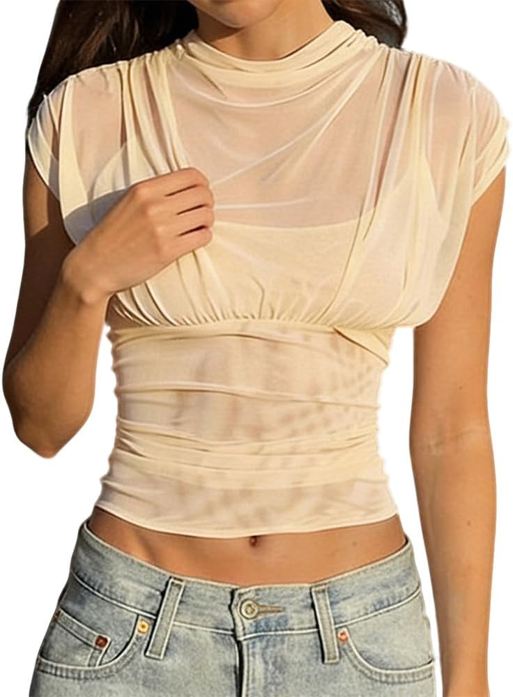NIFTRIRY Mesh Cap Sleeve Tops for Women Solid Color Fitted T-Shirt Summer Cute Outfits