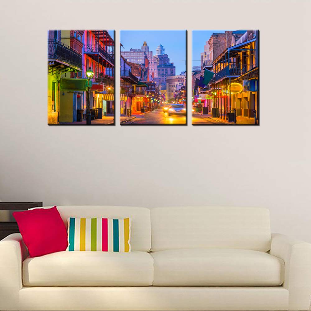 Native America Decor Pubs and Bars Pictures Neon Lights Paintings French Quarter,New Orleans USA Wall Art 3 Piece Canvas Modern Artwork Home Decor for Living Room Framed Ready to Hang(42''Wx20''H)