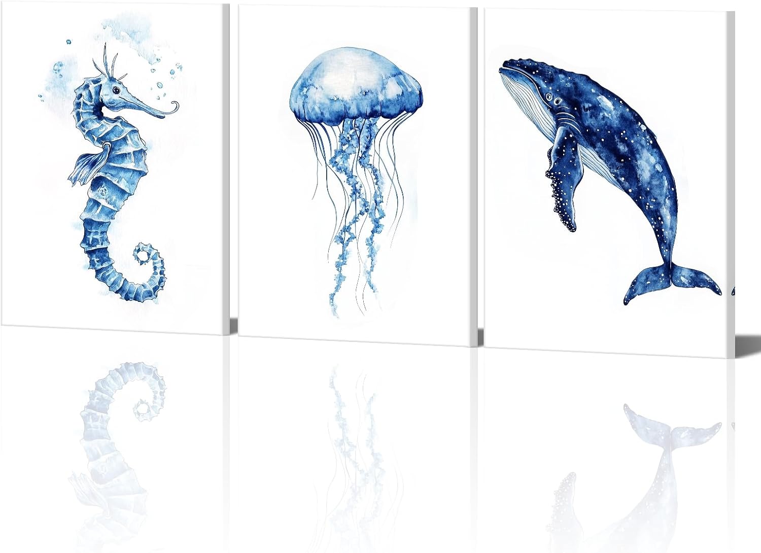 PLIDAAYO Watercolor Ocean Life Wall Art 3 Pieces Sea Horse Jellyfish Whale Canvas Print Picture Bule Nautical Theme Poster Painting for Nursery Kid Bedroom Bathroom Home Decor(Bea-01,12"x16"x3) Bea-01 16"L x 12"W
